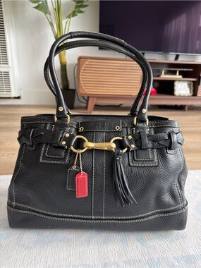 Vintage Coach 10326 Black Hamptons Braided Leather Handbag - brass hardware